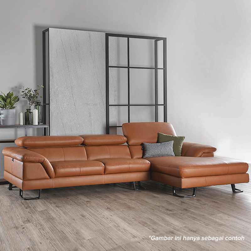 sofa kulit bentuk L dengan desain modern minimalis dengan sandaran kepala yang dapat disesuaikan